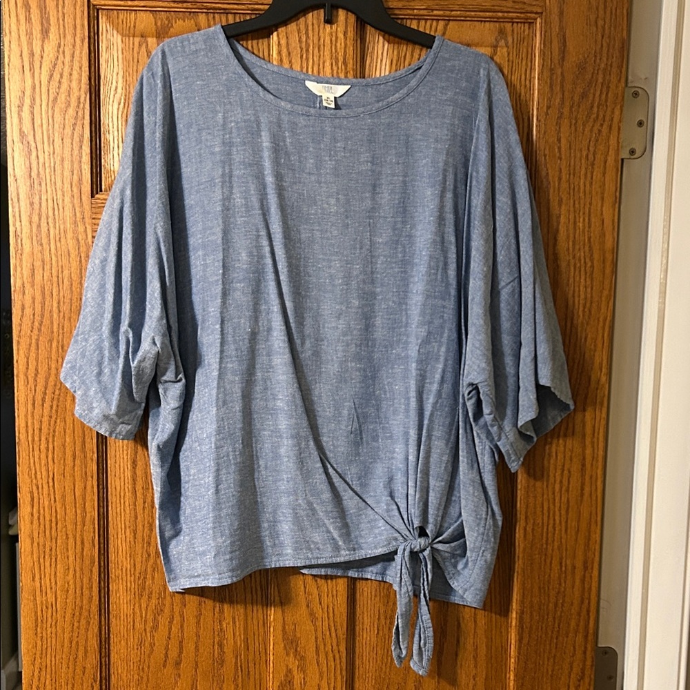 Time and Tru Chambray Blue Blouse with Tie Accent